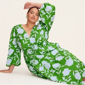 Kate spade X Target Classic Rose Linen puff Sleeve Dress NWOT GREEN:BLUE SMALL